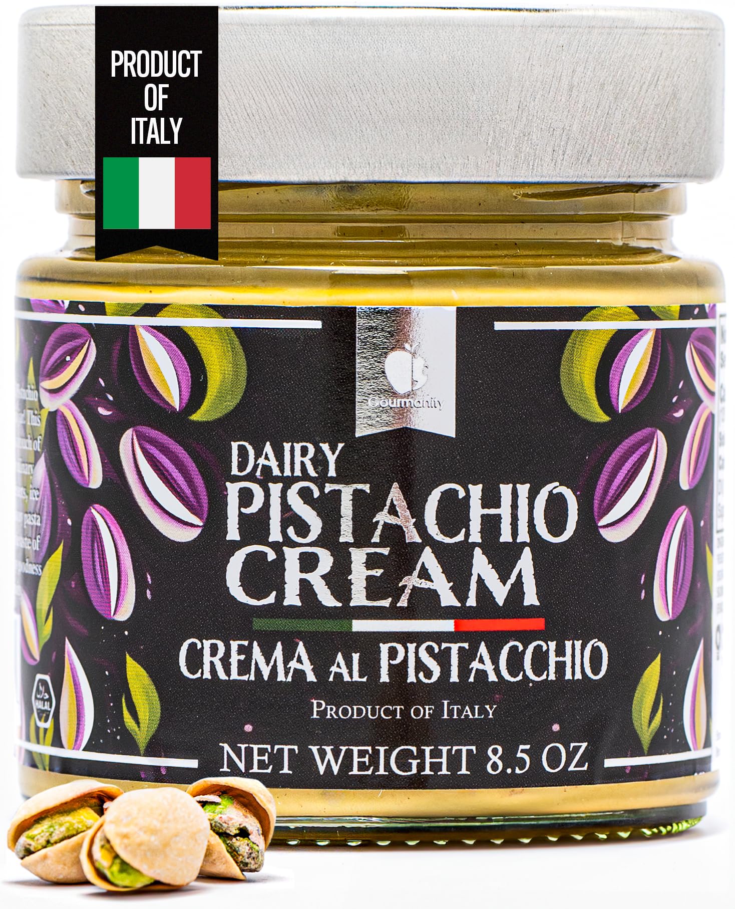 Gourmanity dairy pistachio cream spread jar ideal for rich desserts and baking.