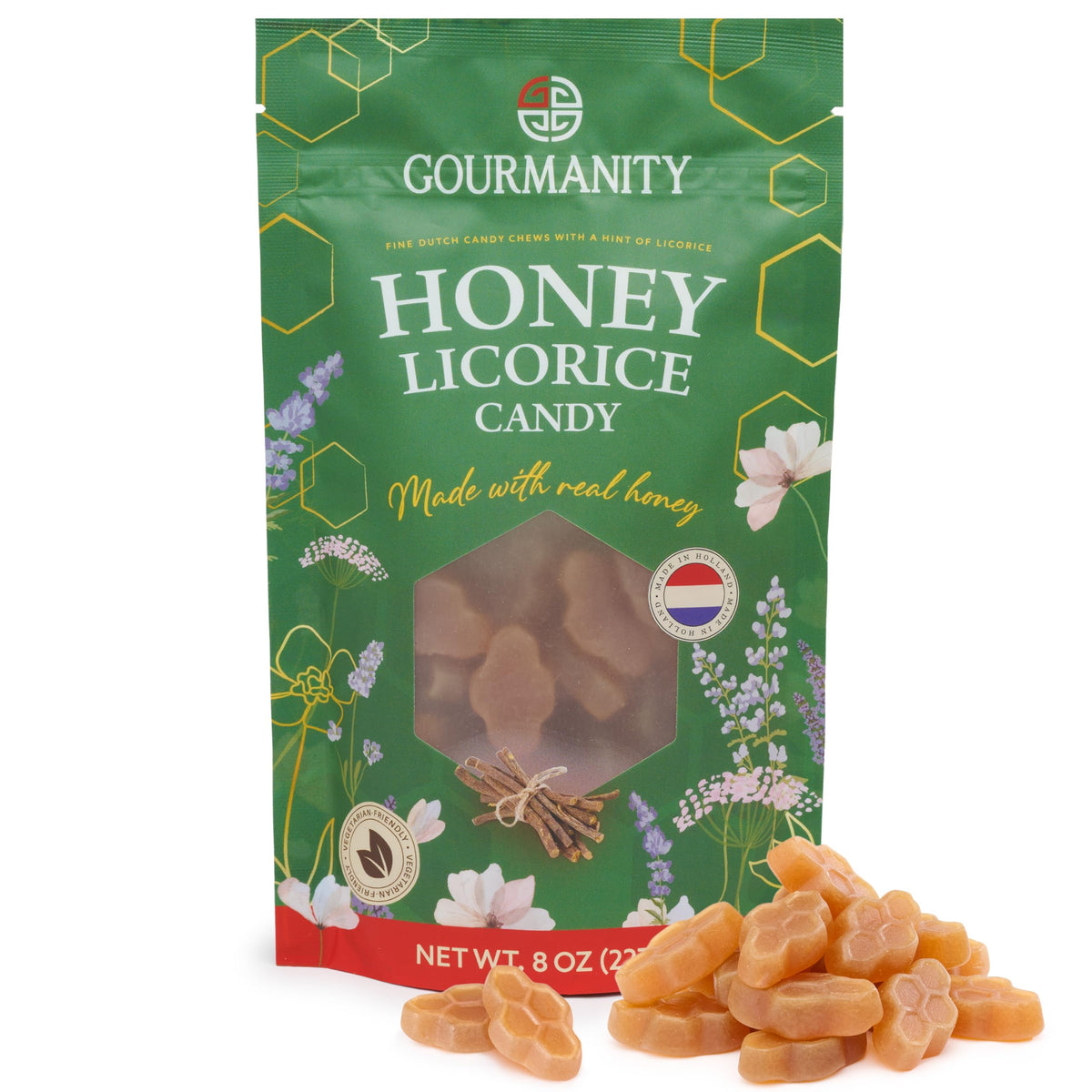Gourmanity Dutch Honey Licorice Candy honeycomb shape close-up highlighting premium flavor.