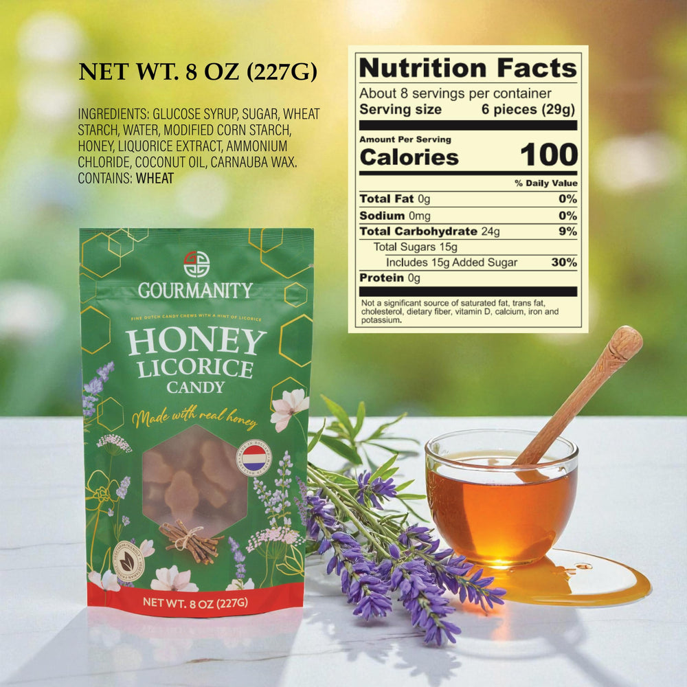 Gourmanity Dutch Honey Licorice Candy soft chewy texture ideal for tea breaks.