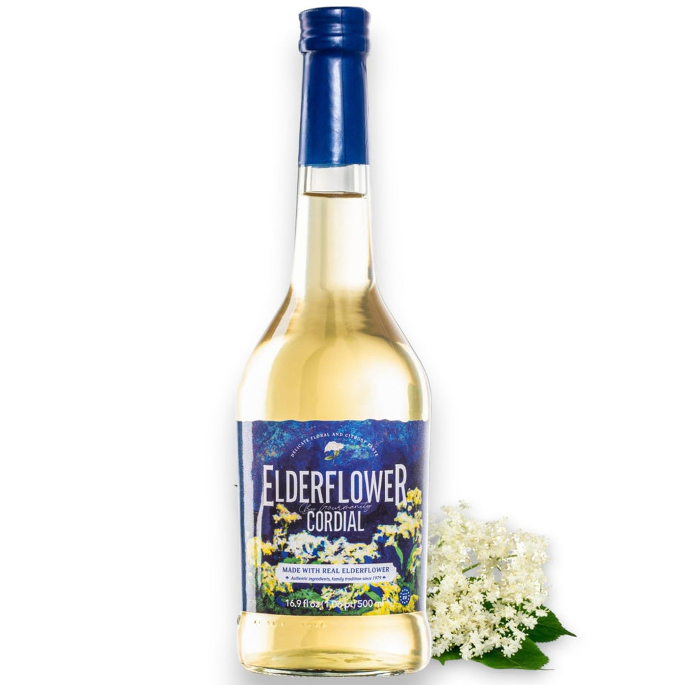 Gourmanity Elderflower Syrup bottle close-up highlighting premium natural ingredients for refreshing drinks.