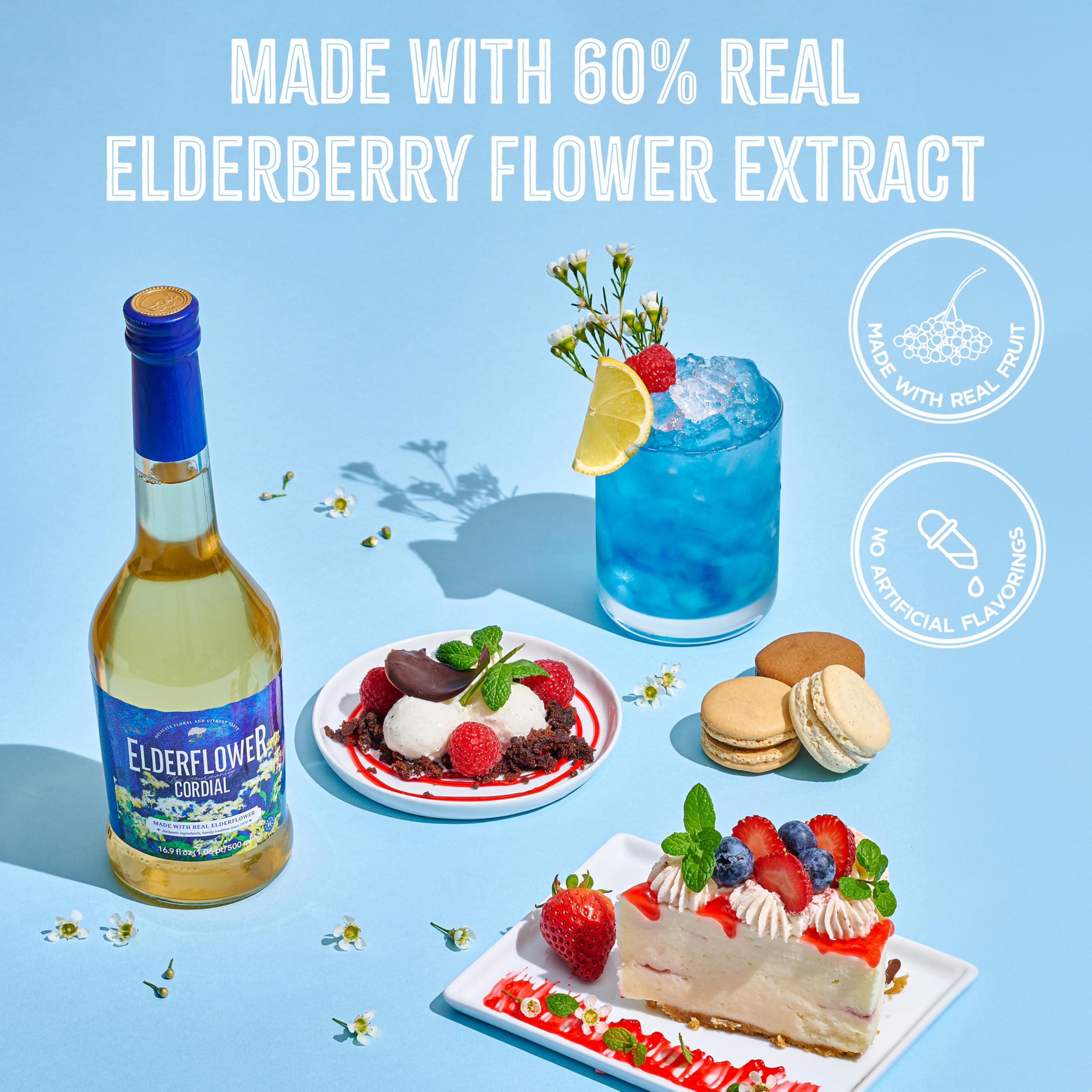 Gourmanity Elderflower Syrup bottle ready to pour to elevate beverages with delicate flavor.