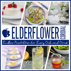 Gourmanity Elderflower Syrup with visible elderflowers signaling a natural floral note.