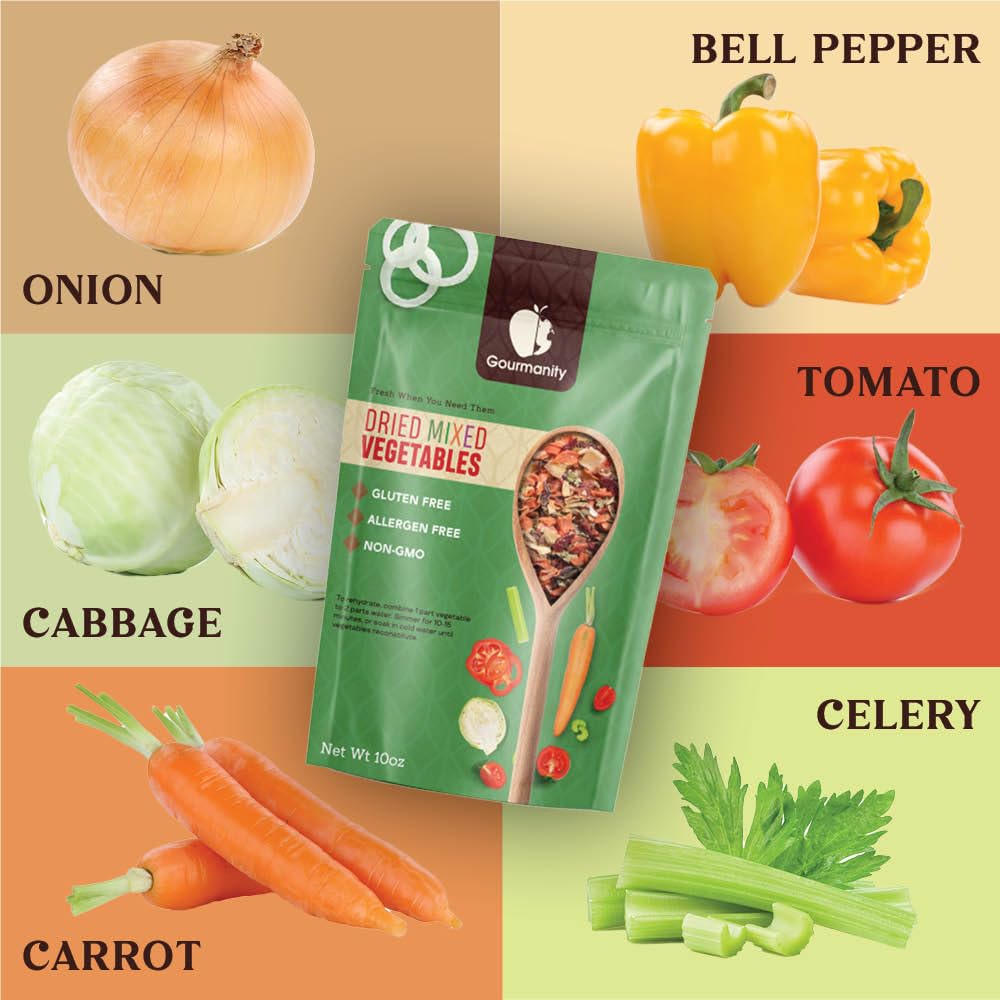 Gourmanity emergency pantry display of dehydrated vegetables for long shelf life