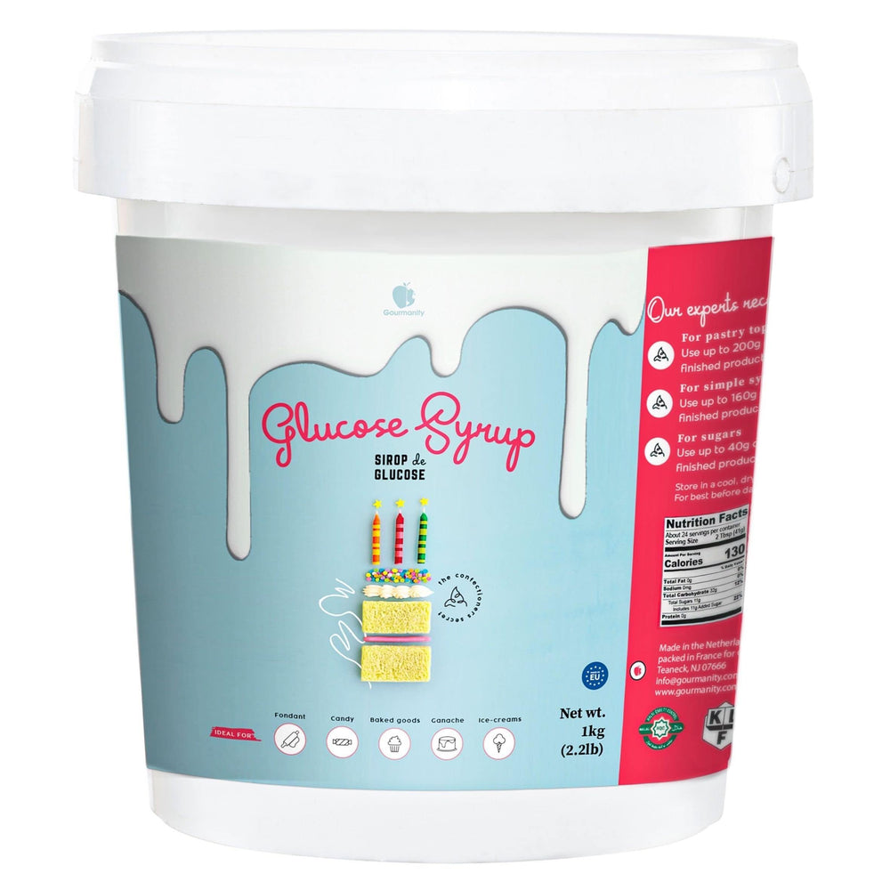 Gourmanity glucose syrup bottle close-up showing clarity for glossy icings and smooth textures