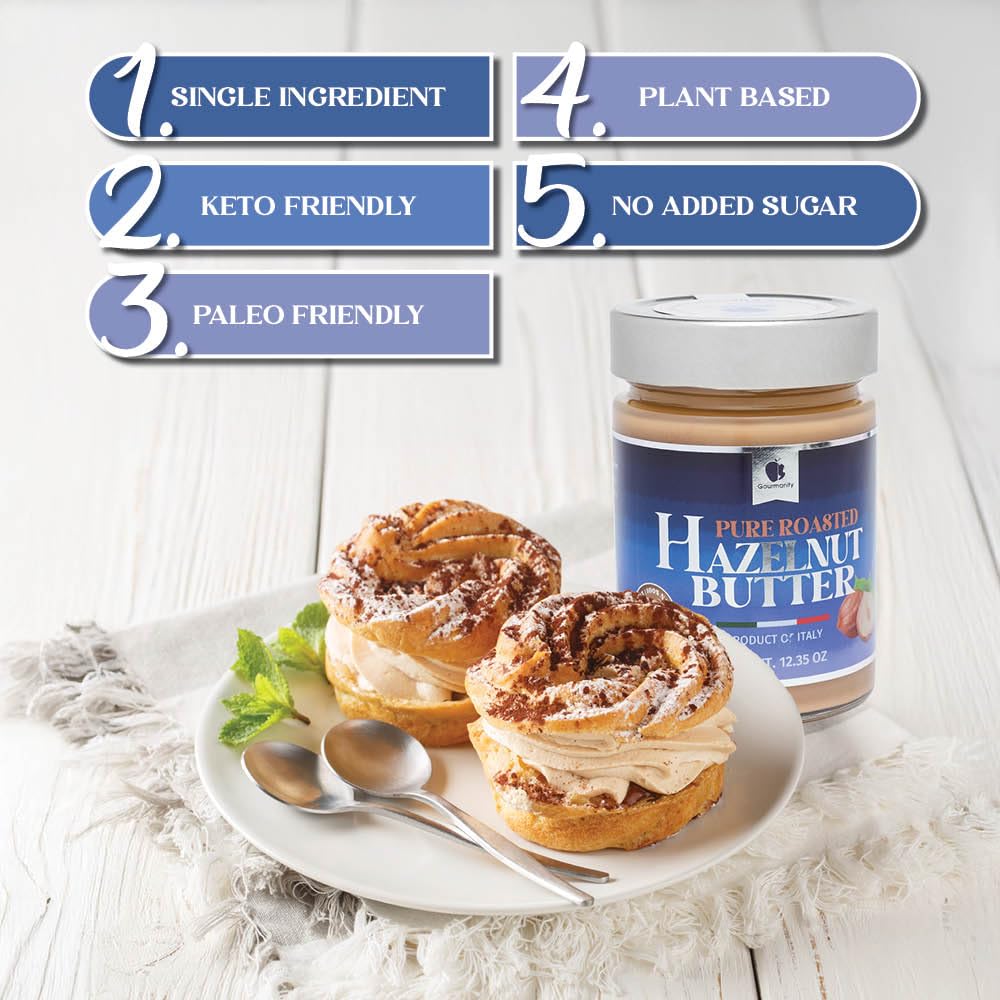 Gourmanity hazelnut paste, non-GMO and Kosher Halal certified.