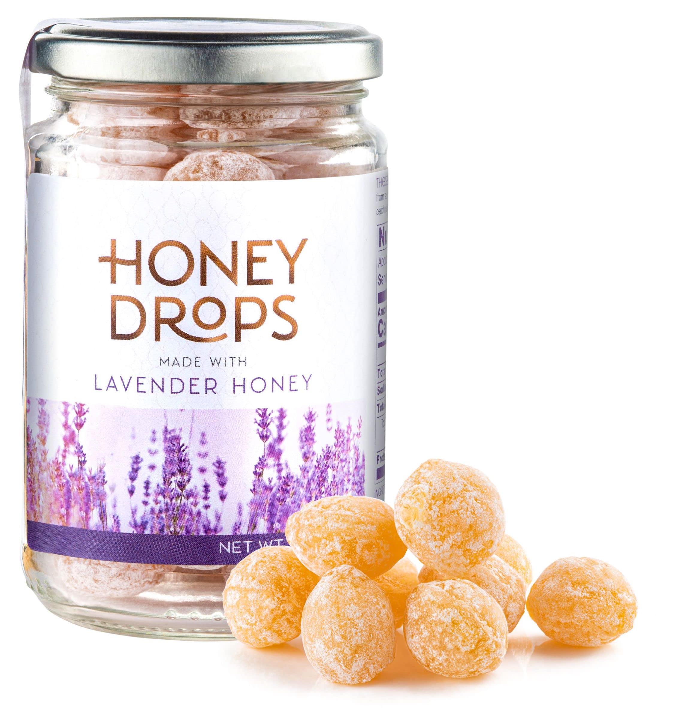Gourmanity Honey Drops lavender jar with sugar dusting for a soothing treat.