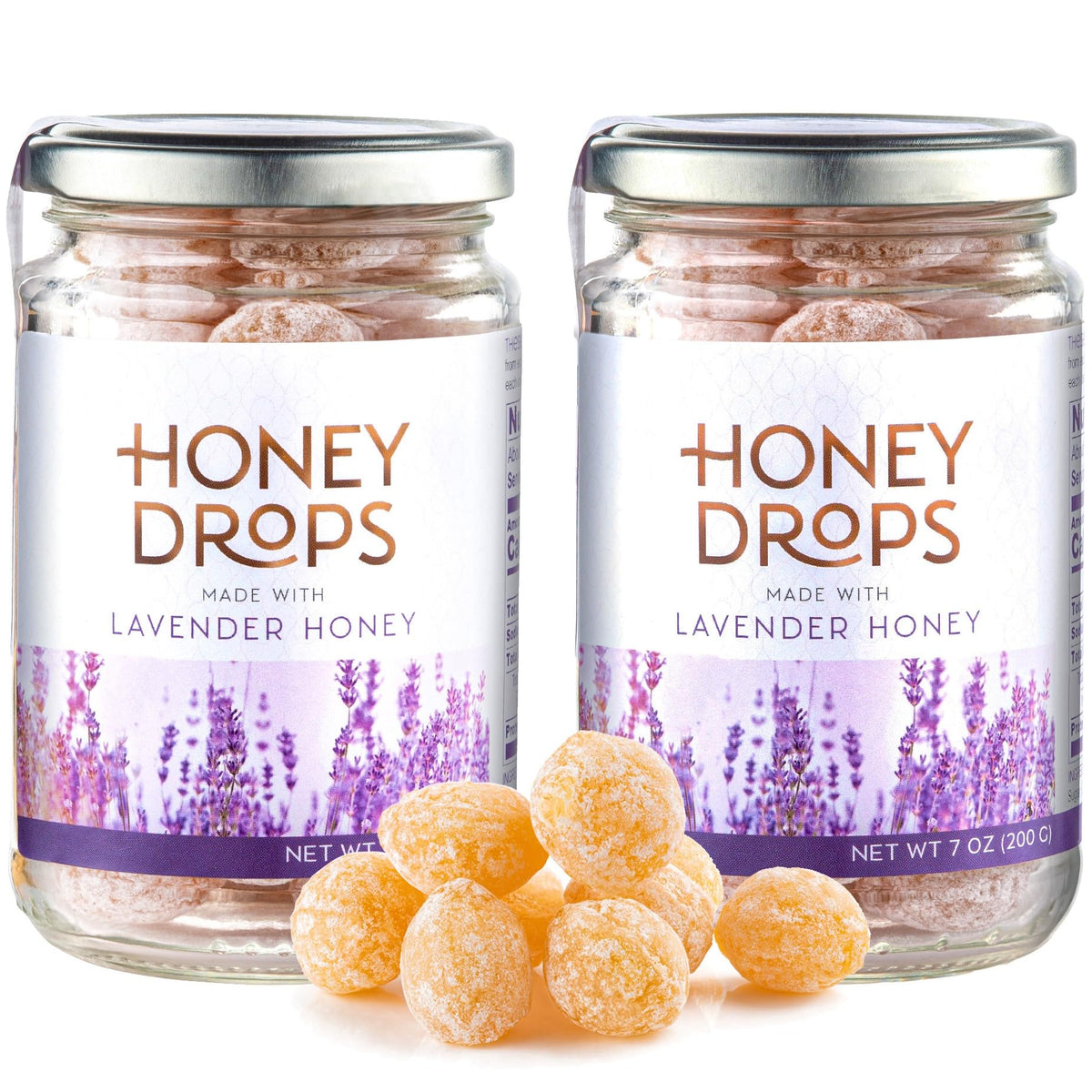 Gourmanity Honey Drops lavender outer casing with powdered sugar, ideal for gifting.