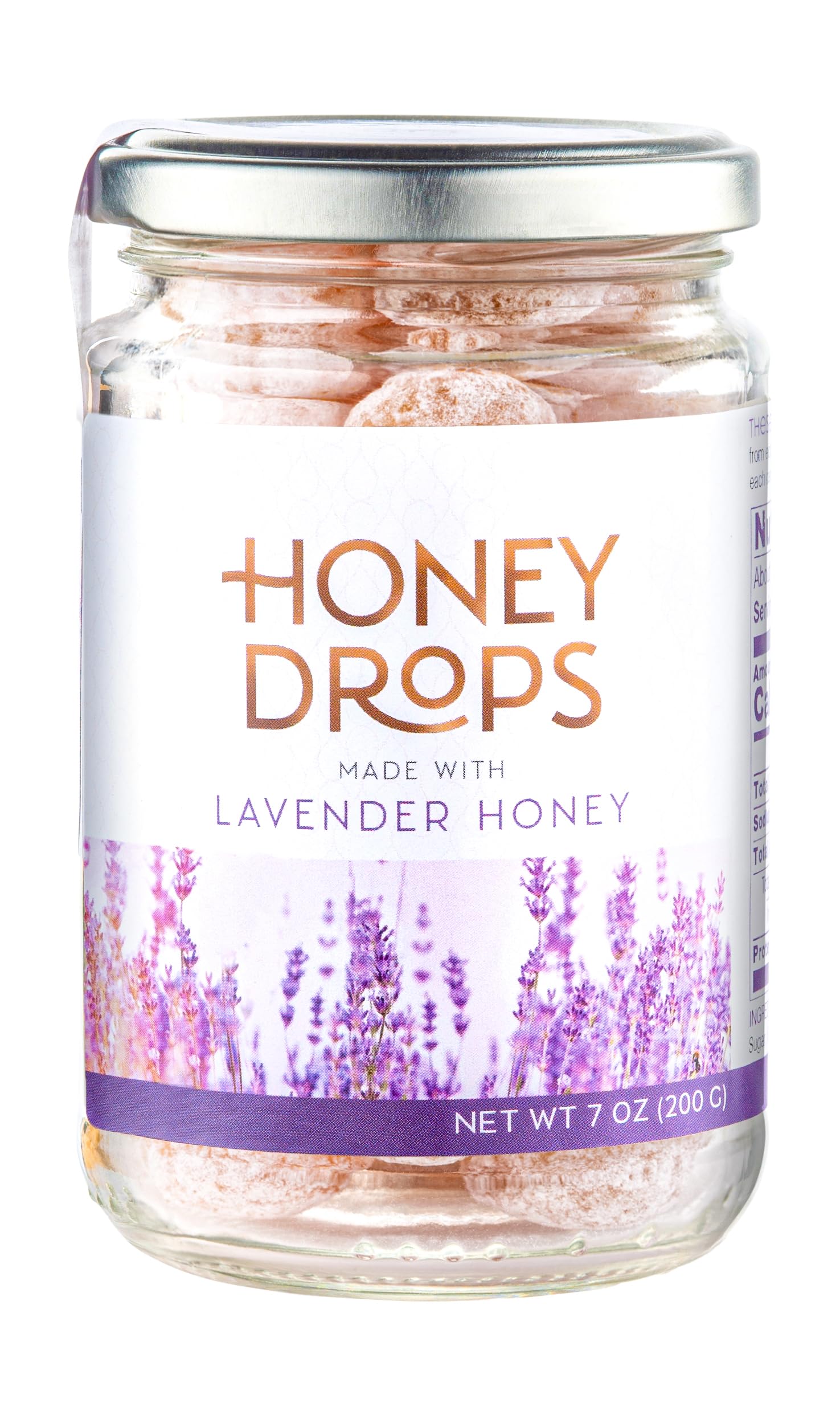 Gourmanity lavender honey drops powdered sugar dusting close-up, artisanal charm.