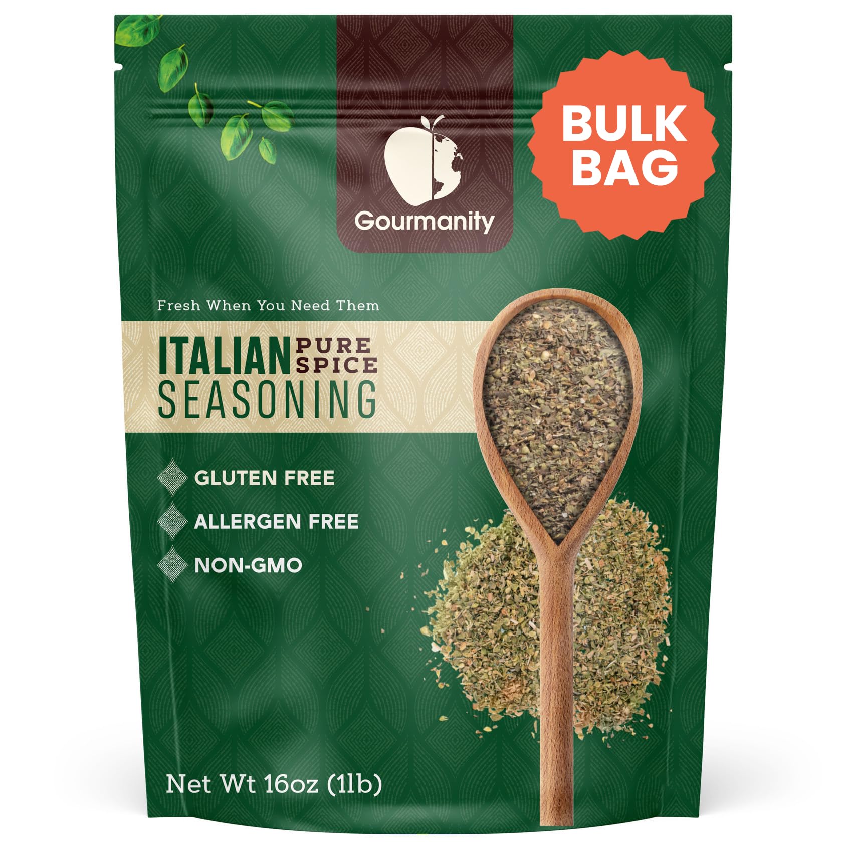 Gourmanity Italian Seasoning bottle front with salt-free herb blend for flavorful pasta