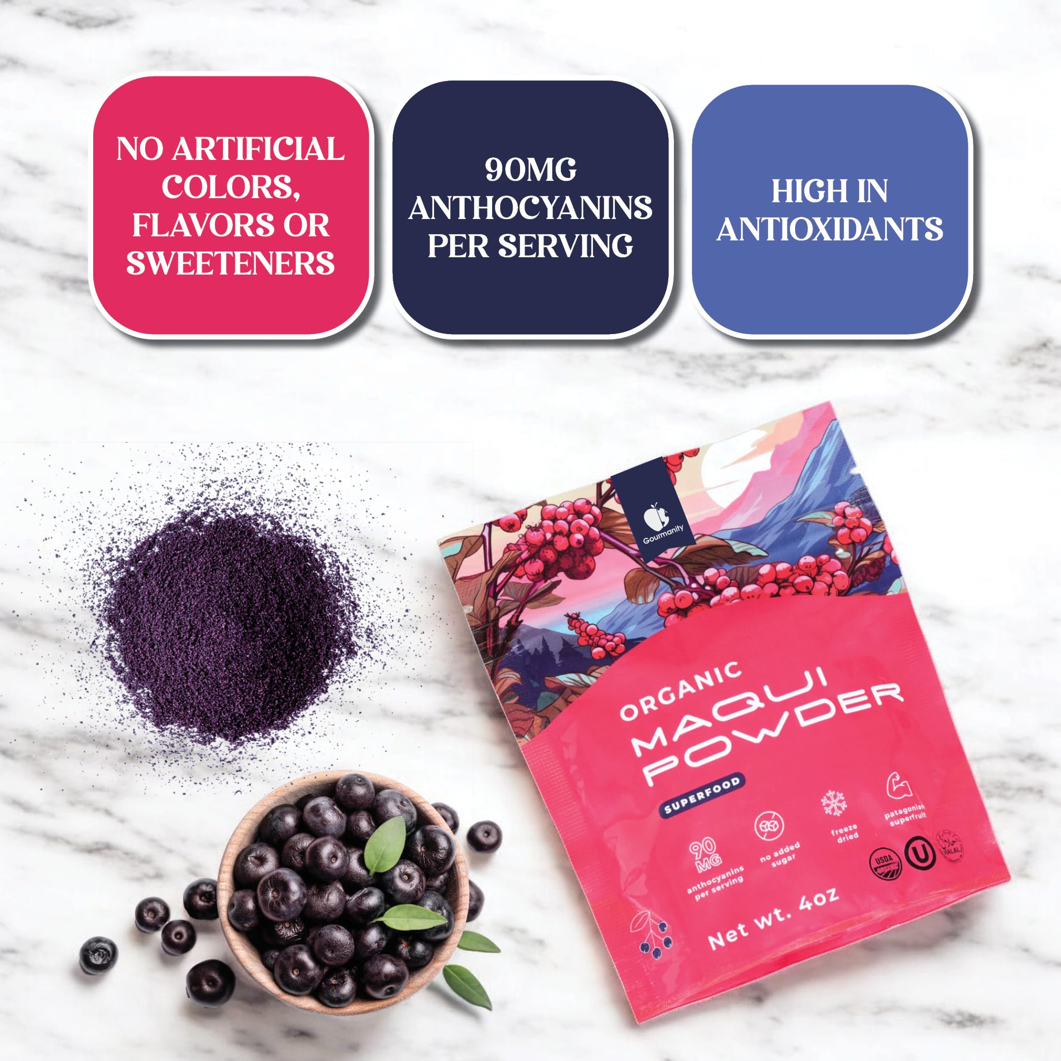Gourmanity Maqui powder sprinkled on yogurt for color and flavor