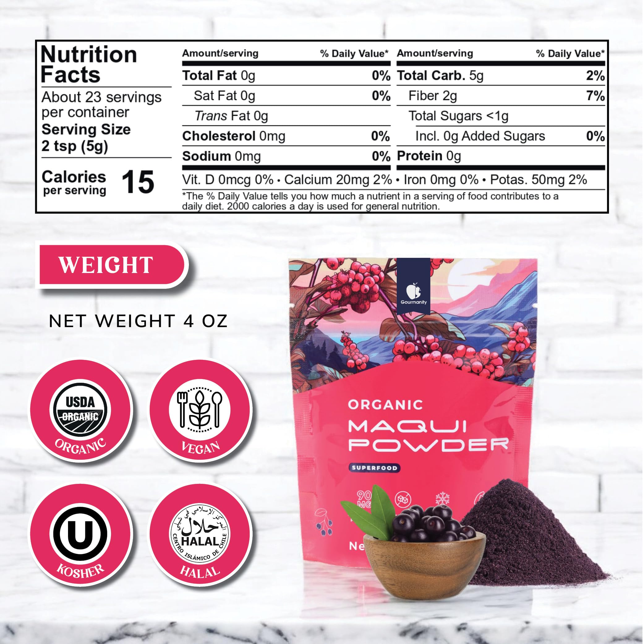 Open Gourmanity Maqui powder bag with scoop ready for smoothies