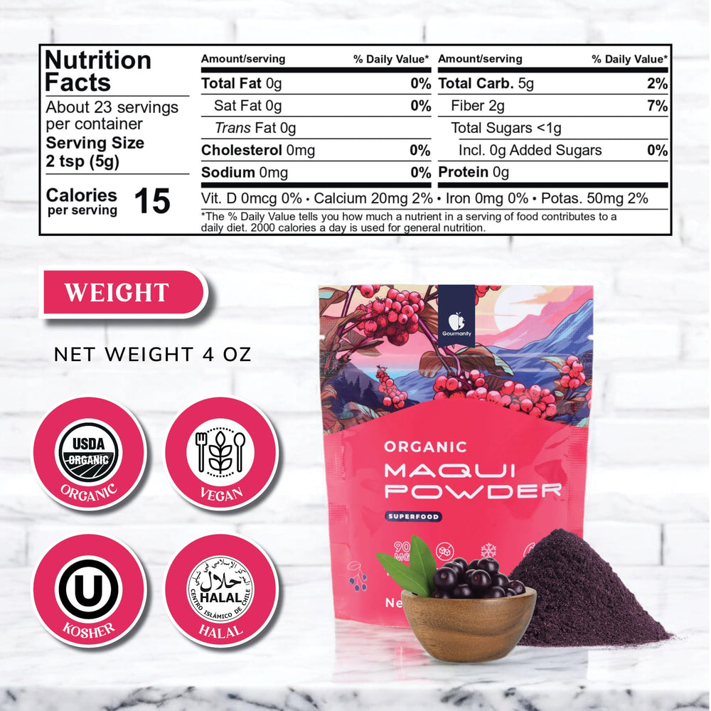 Open Gourmanity Maqui powder bag with scoop ready for smoothies