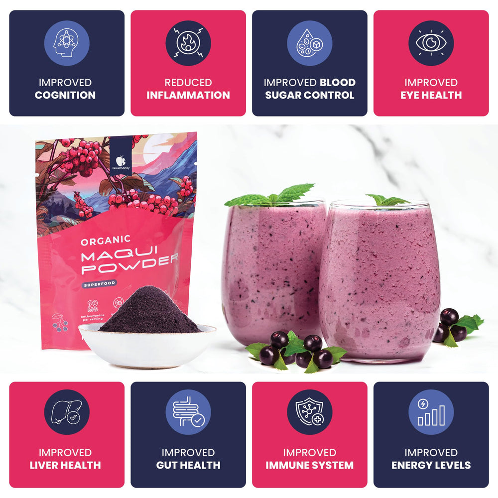 Gourmanity Maqui powder added to a smoothie for tart berry lift