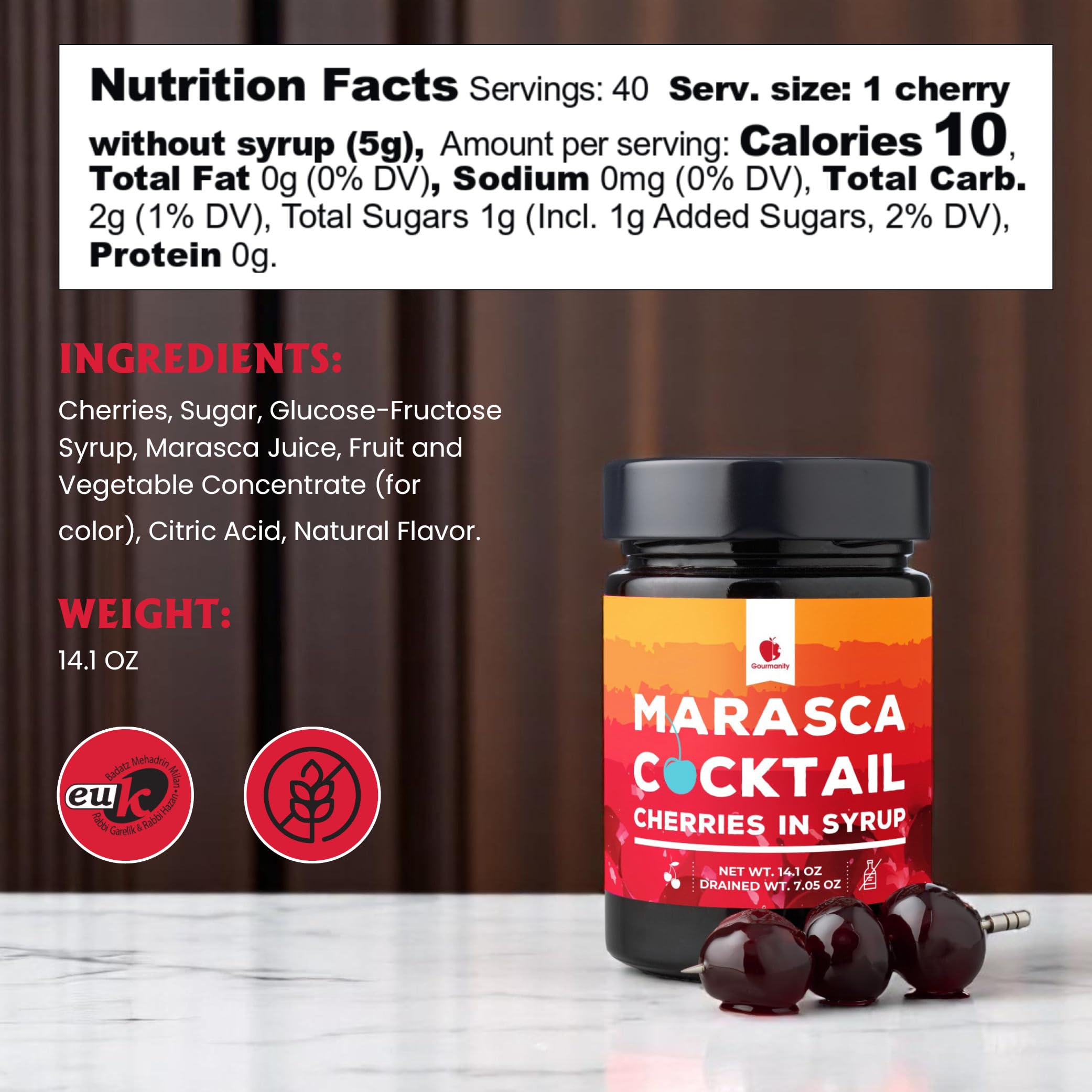 Gourmanity marasca cherries inside jar: Italian grown, ready to flavor drinks.