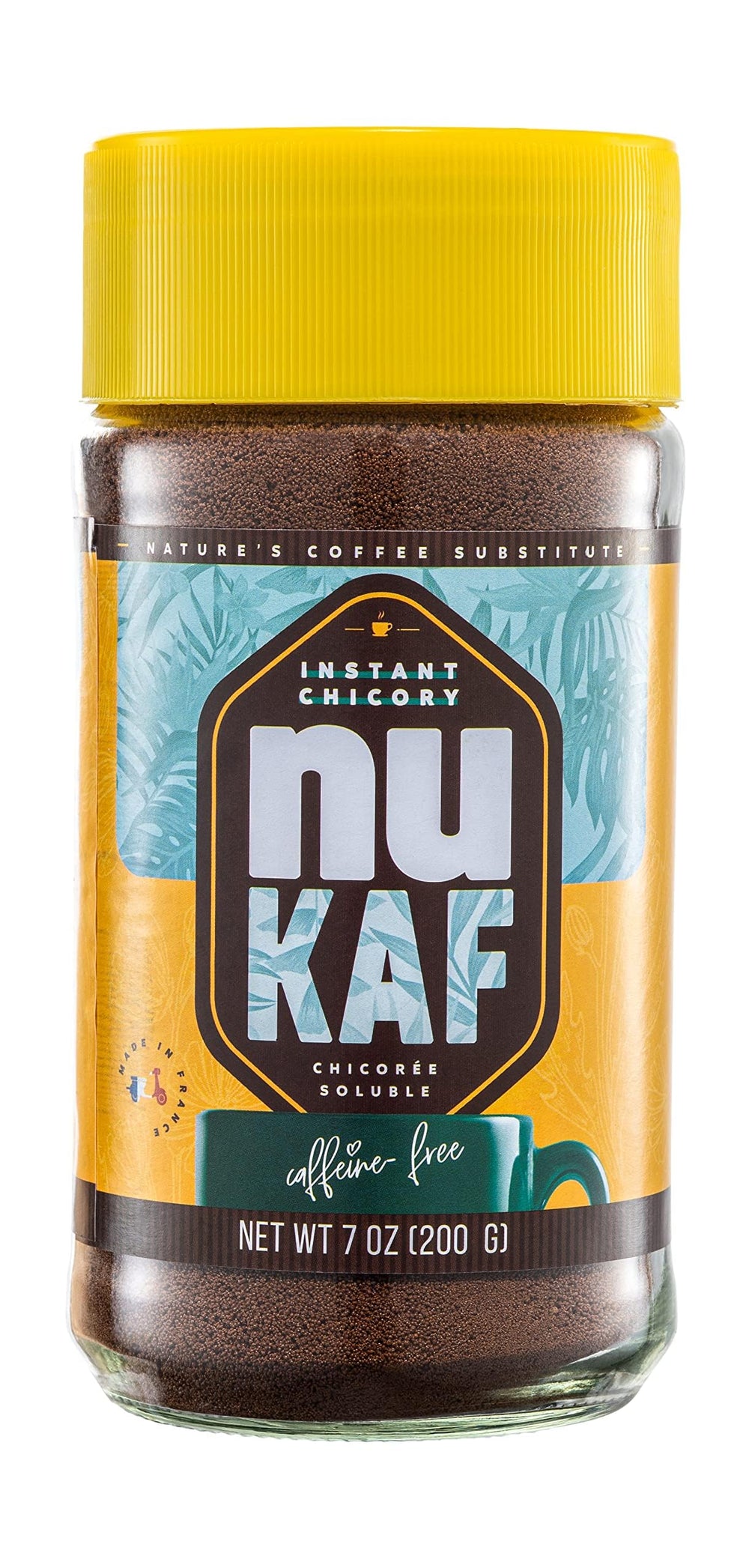 Gourmanity nuKAF bottle and jar showing pure chicory powder for caffeine free drink