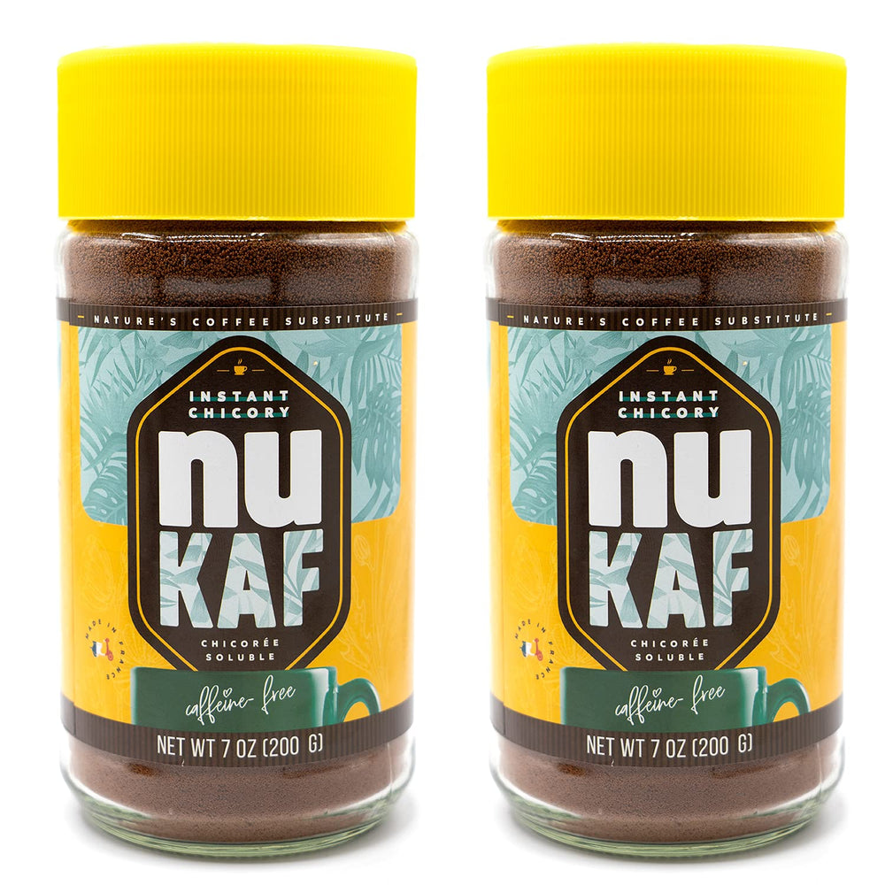 Gourmanity nuKAF chicory coffee substitute jar front, caffeine-free option