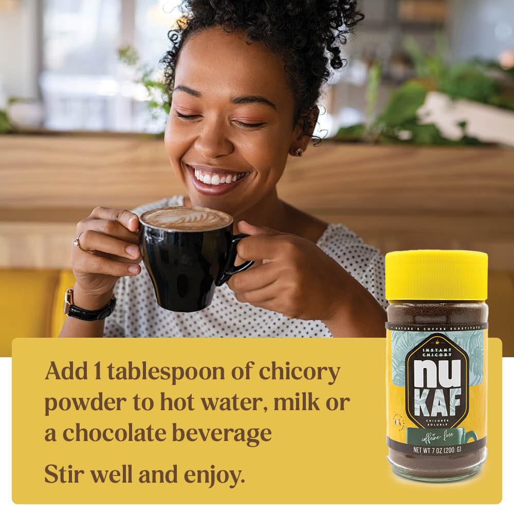 Steaming cup of nuKAF suggesting a warm comforting caffeine free beverage