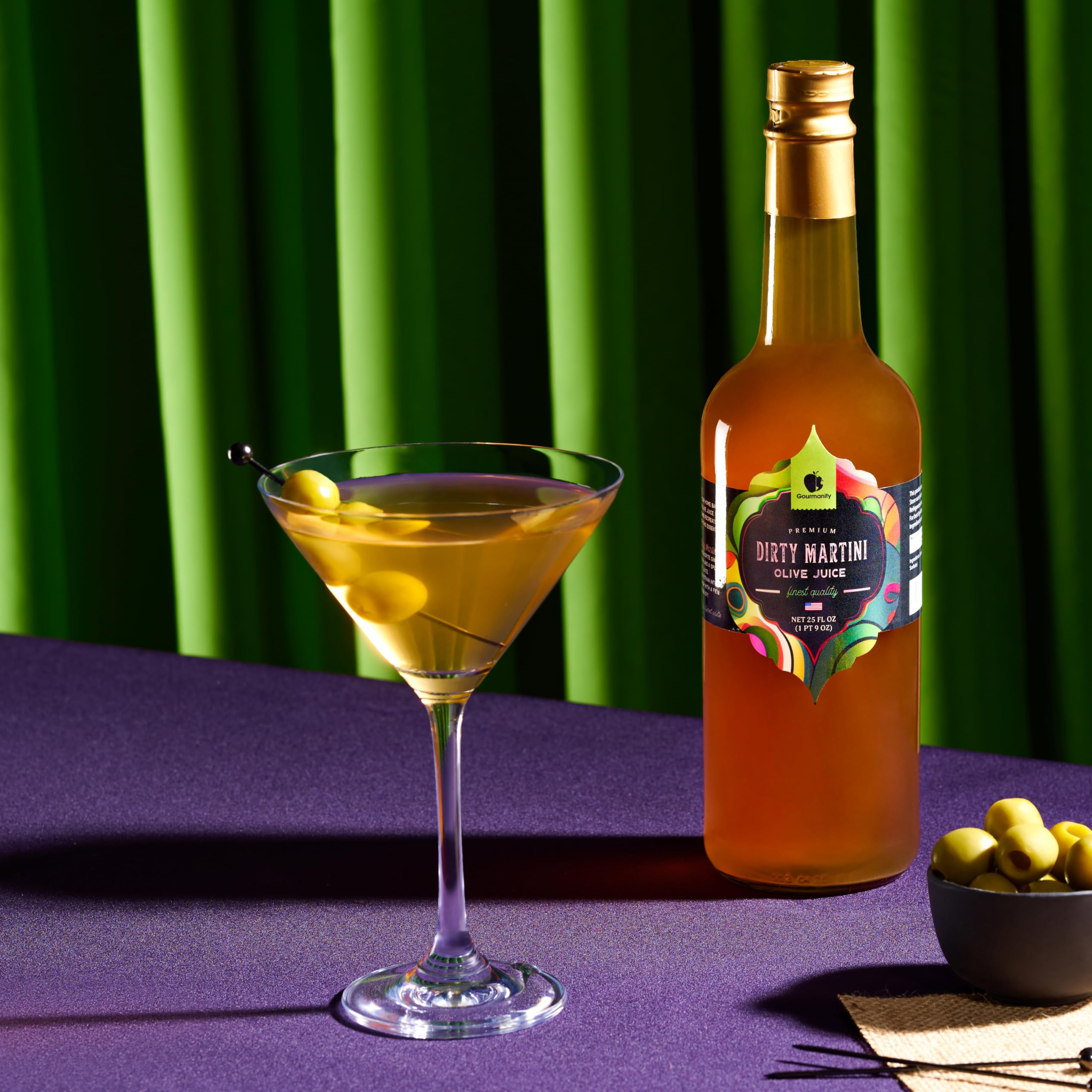 Gourmanity olive-brine-bottle-front-label emphasizes Italian heritage and premium ingredients.