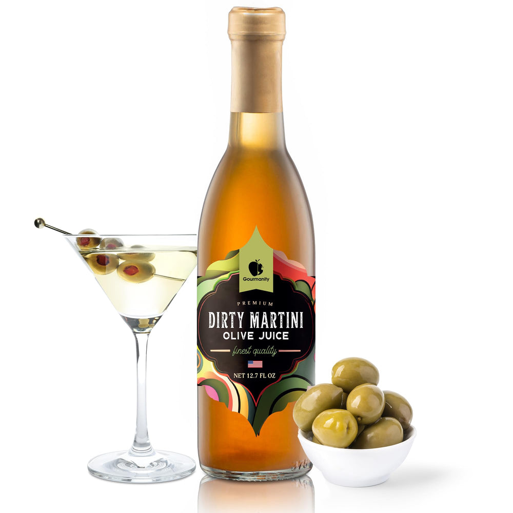 Gourmanity olive juice bottle pour for a rich dirty martini experience.