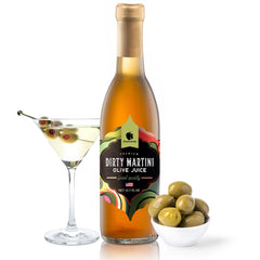 Gourmanity olive juice bottle pour for a rich dirty martini experience.