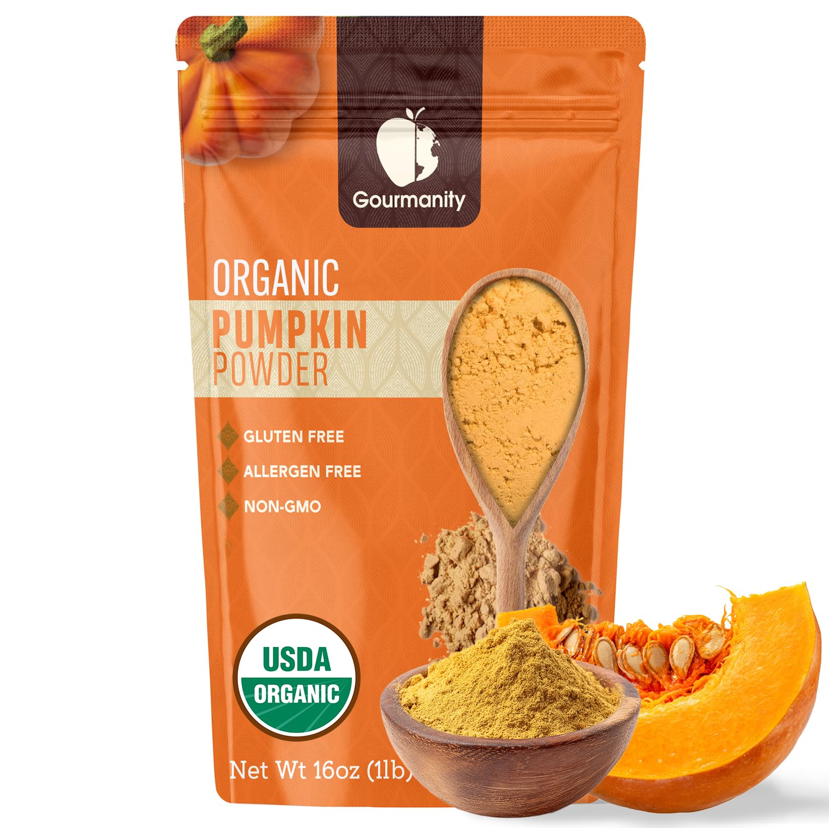 Gourmanity Organic Pumpkin Powder bag front for cooking and baking