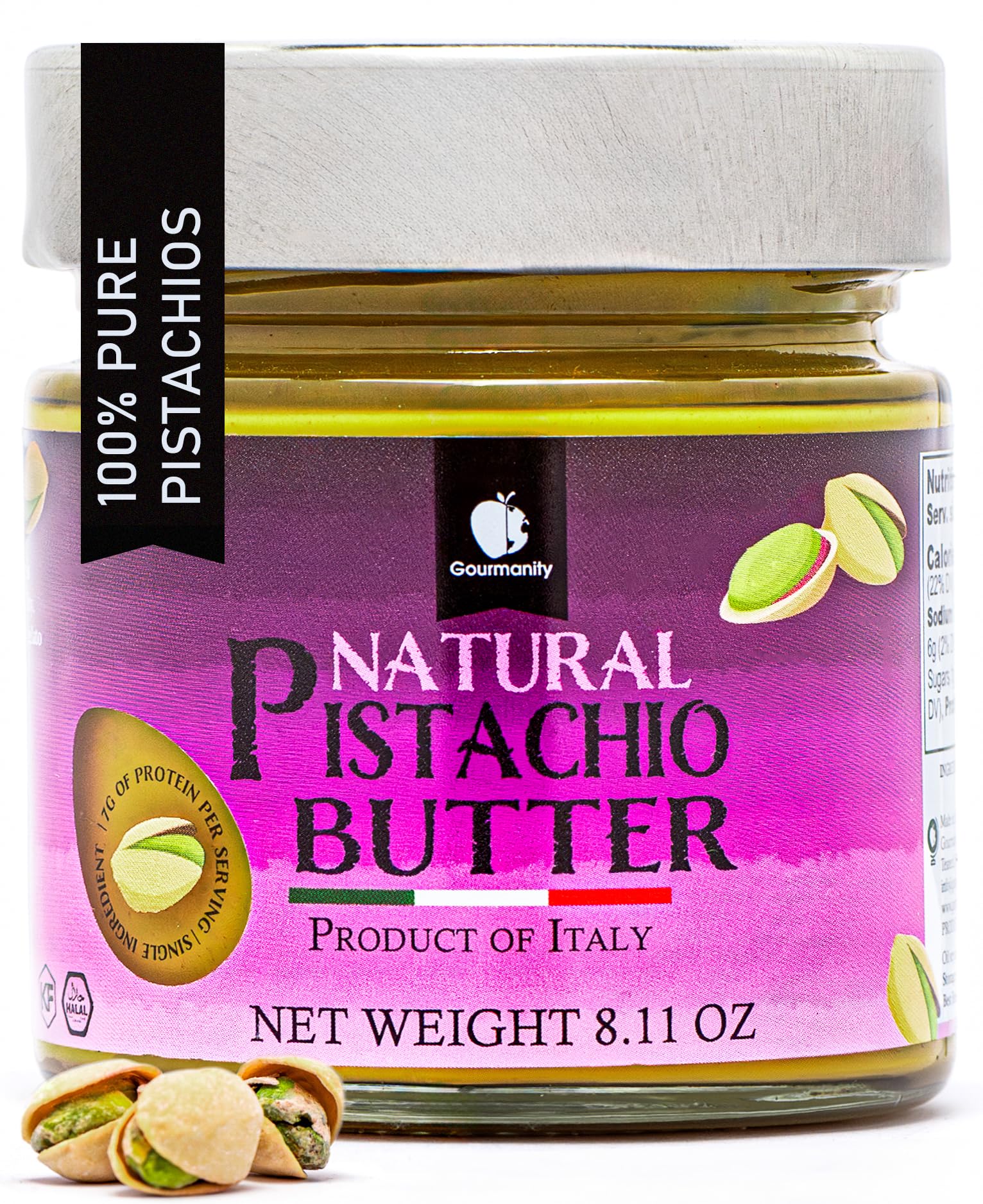 Gourmanity pistachio butter jar displaying creamy texture, ideal for toast and snacking