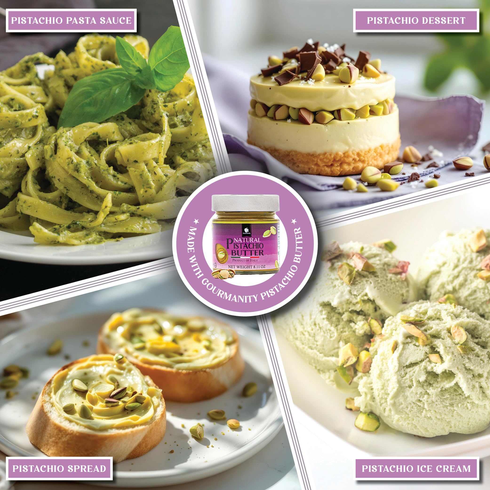 Gourmanity pistachio butter nutrition card highlighting protein content
