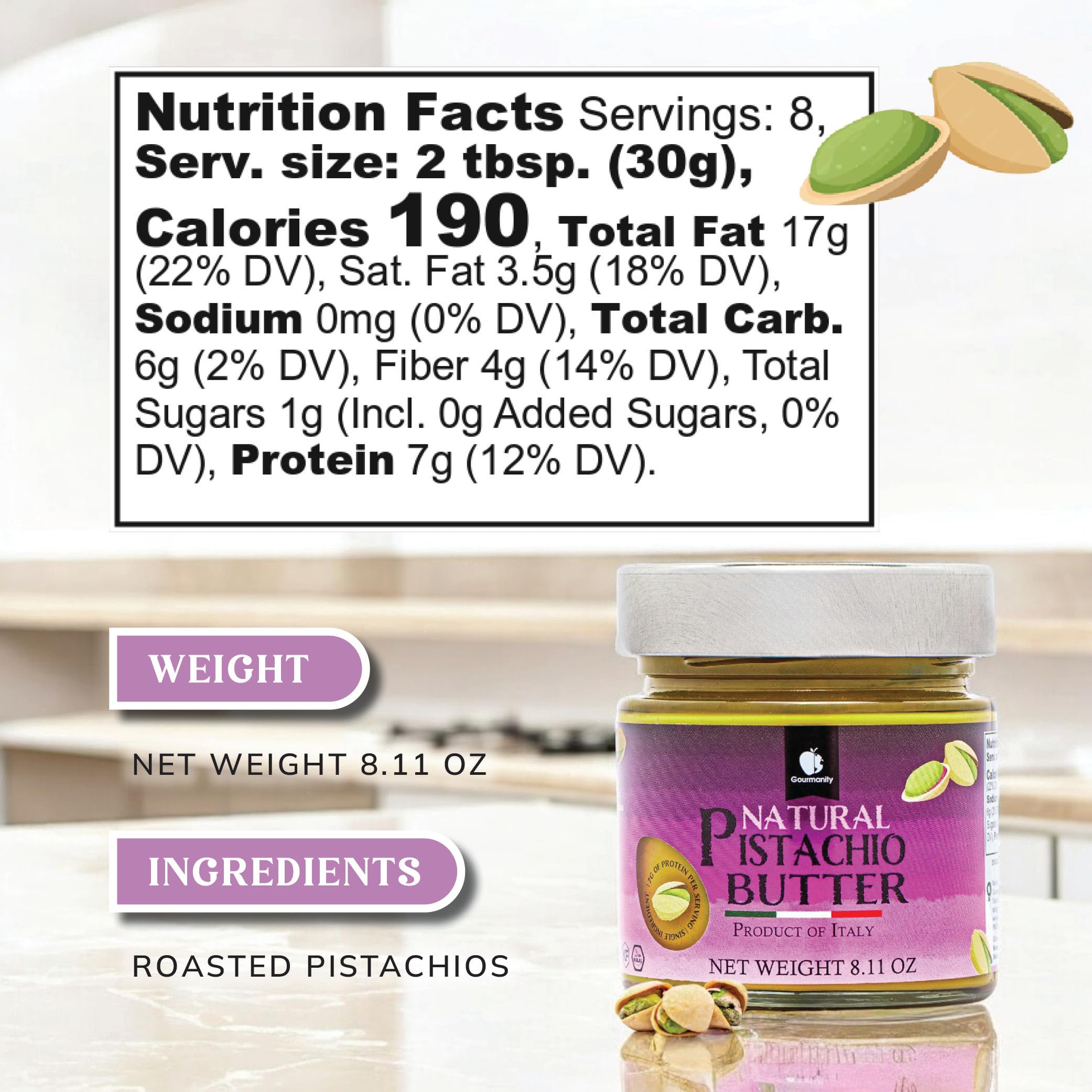 Gourmanity pistachio butter spoon showcasing creamy spreadability for desserts
