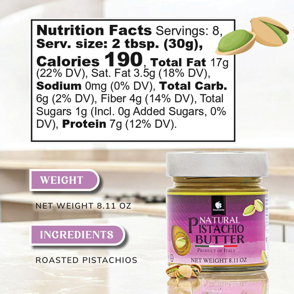 Gourmanity pistachio butter spoon showcasing creamy spreadability for desserts