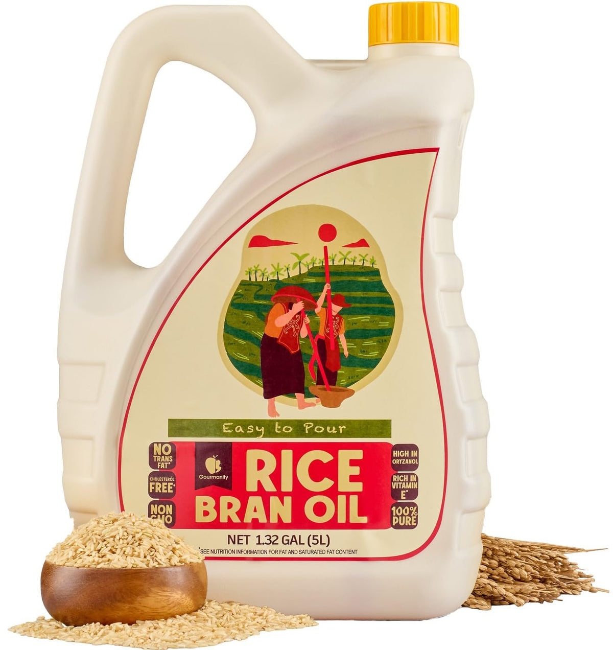 Gourmanity Rice Bran Oil bottle-front view for bulk cooking.