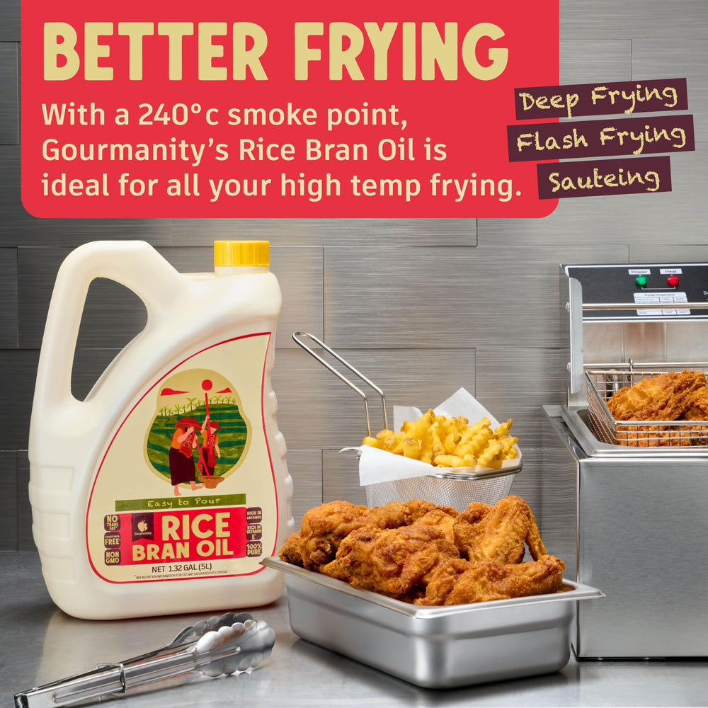 Gourmanity Rice Bran Oil in a hot pan for frying.