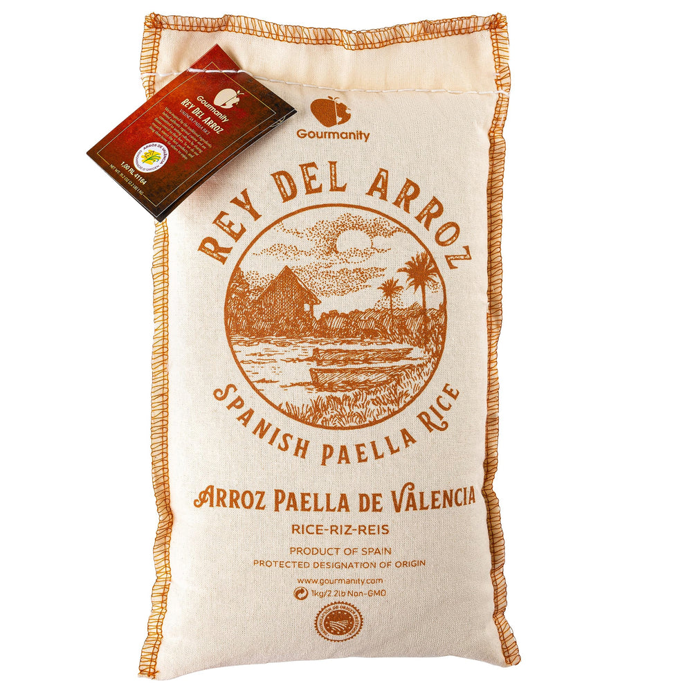 Gourmanity Spanish Paella Rice bag close-up, premium short-grain for classic Valencia-style meals.