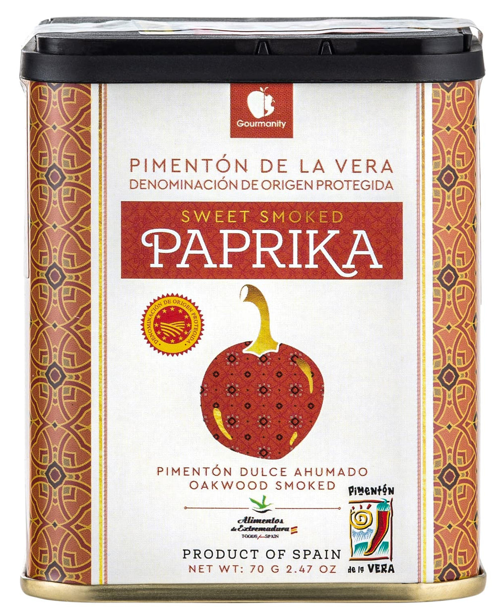 Gourmanity paprika tin—vibrant color perfect for finishing dishes.