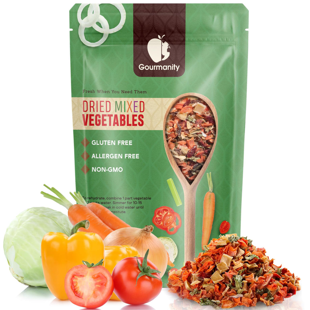 Gourmanity 10oz vegetable soup blend bag with colorful dehydrated vegetables for pantry storage
