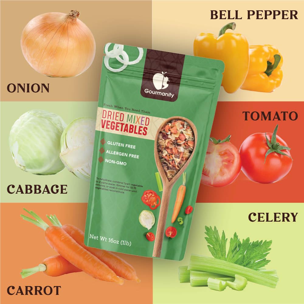 Gourmanity 1lb vegetable soup blend close-up showcasing colorful dehydrated veggies.