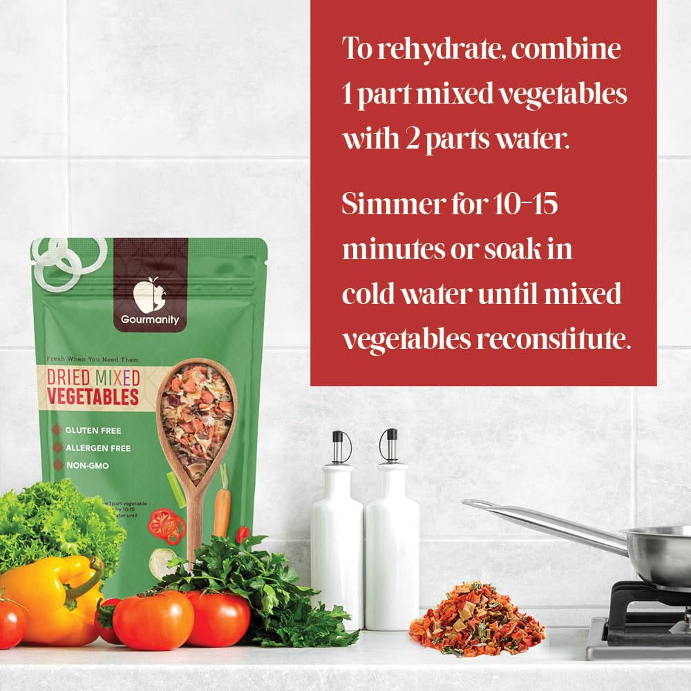 Gourmanity vegetable soup blend packaging on shelf highlighting long shelf life.