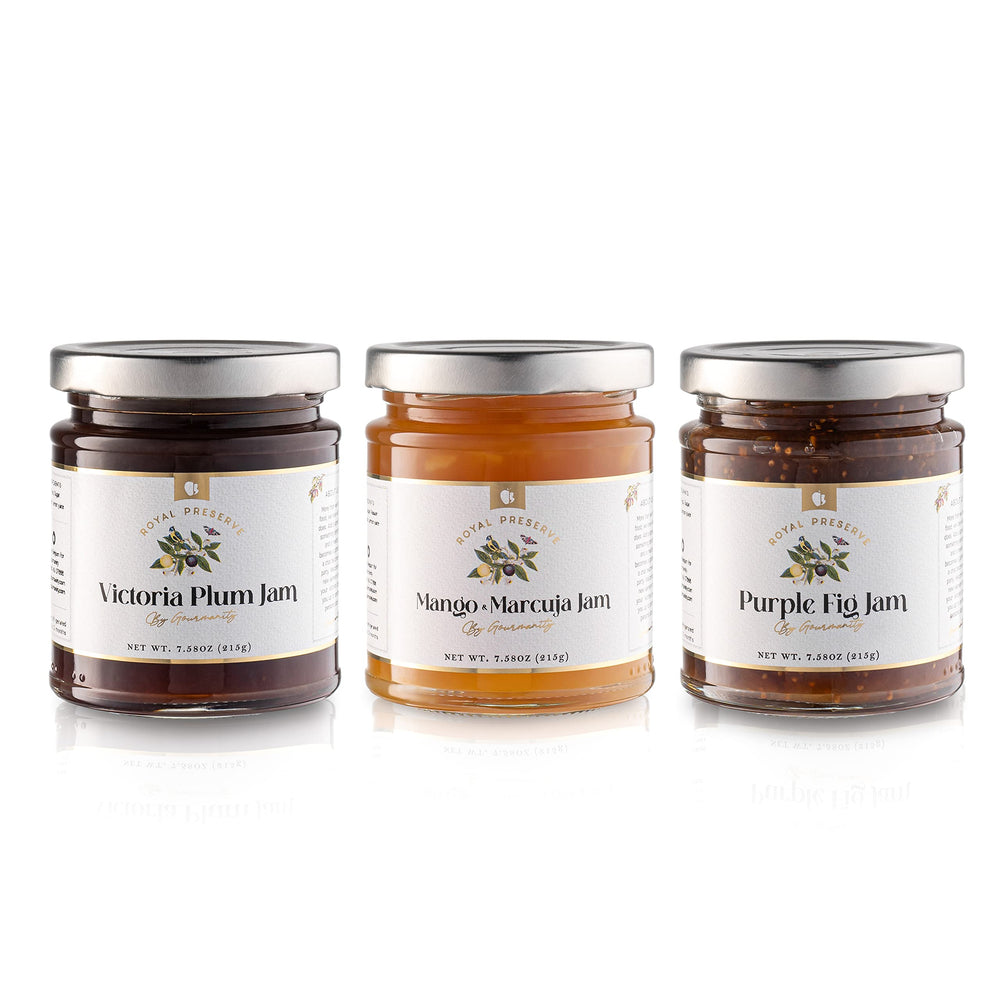 Pouring Gourmanity jam from a jar to showcase texture and shine.