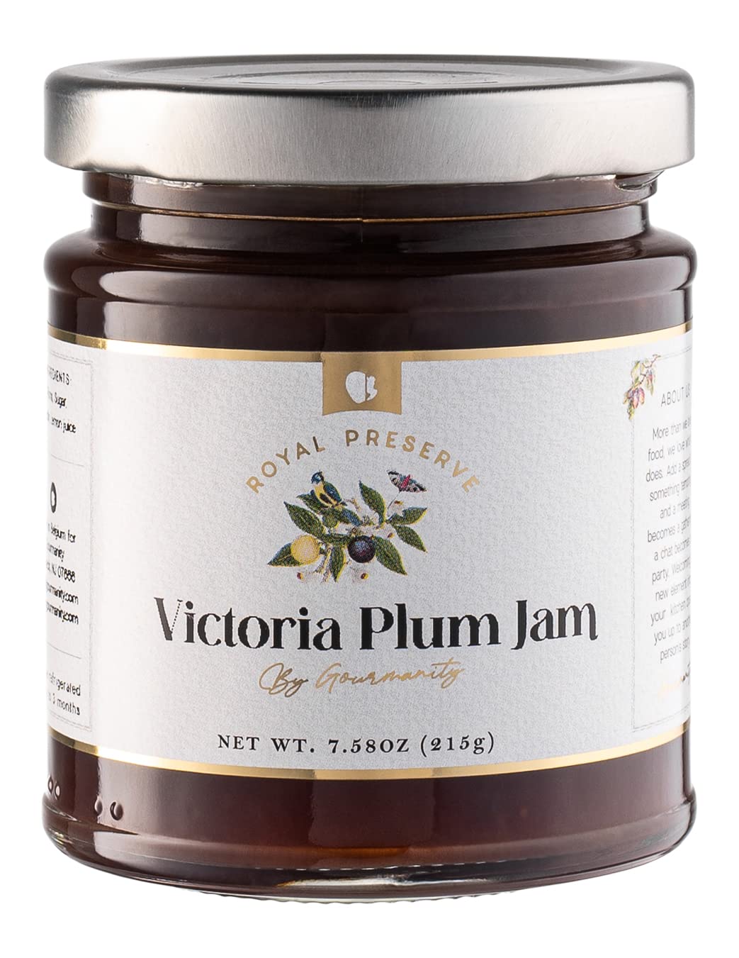 Gourmanity Victoria Plum Jam jar shows rich color and chunky fruit pieces.