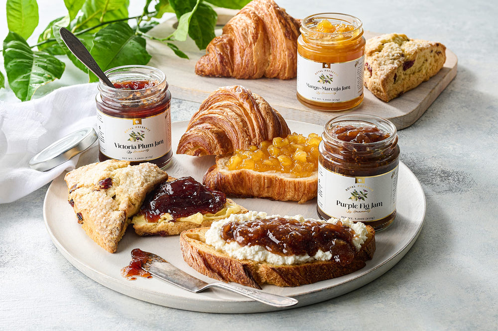 Assorted Gourmanity jams including Victoria Plum in a multipack display.