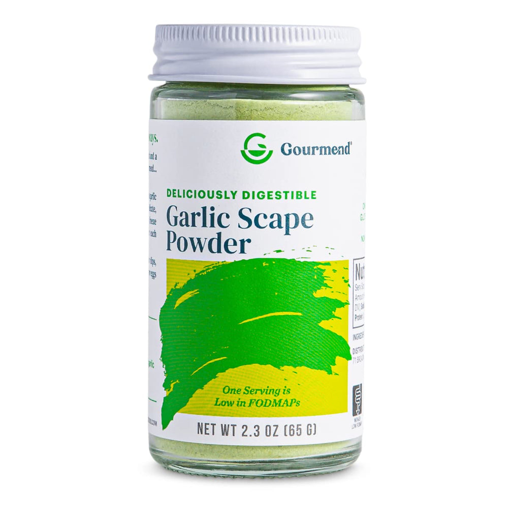 Gourmend Garlic Scape Powder bottle pour for easy savory seasoning.
