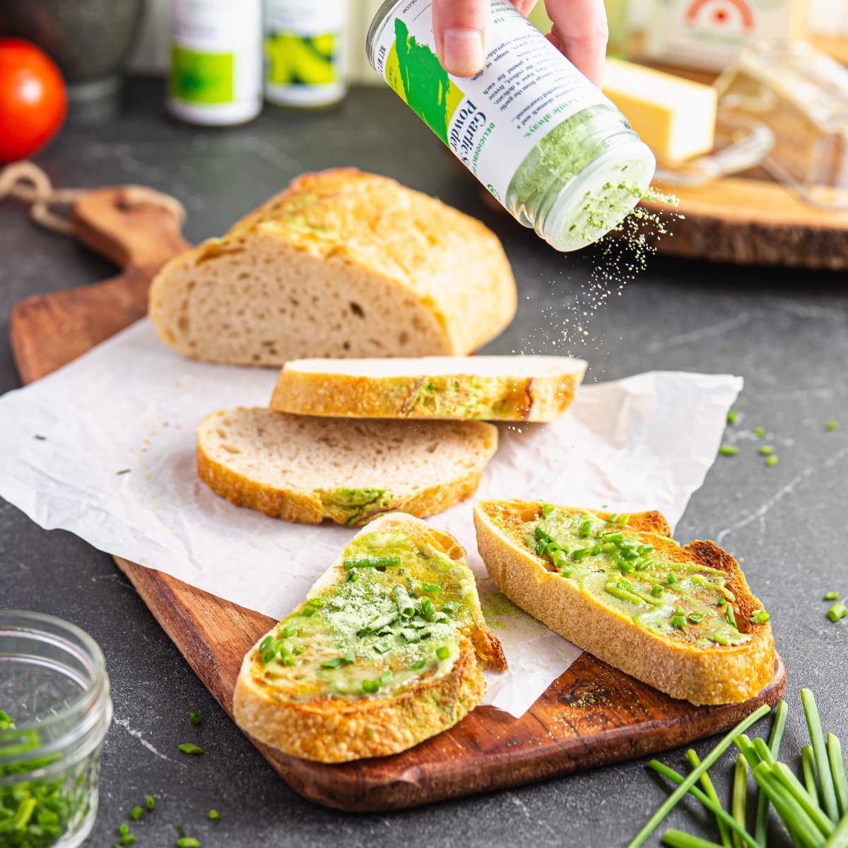 Gourmend Garlic Scape Powder dressing and sauce use for bright flavor.