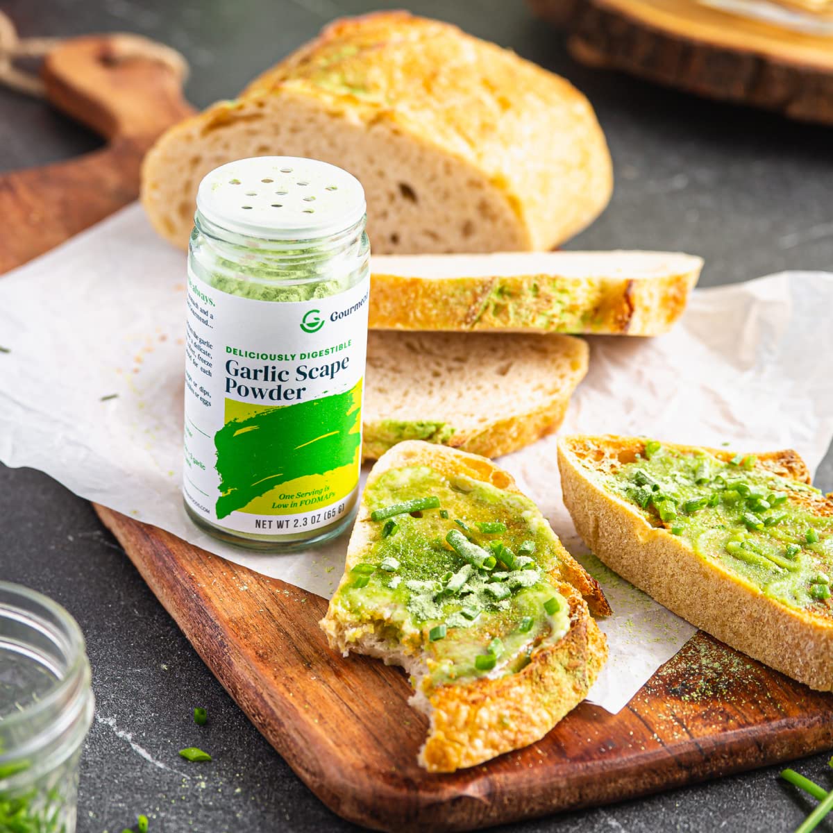 Gourmend Garlic Scape Powder gluten-free and additive-free packaging.