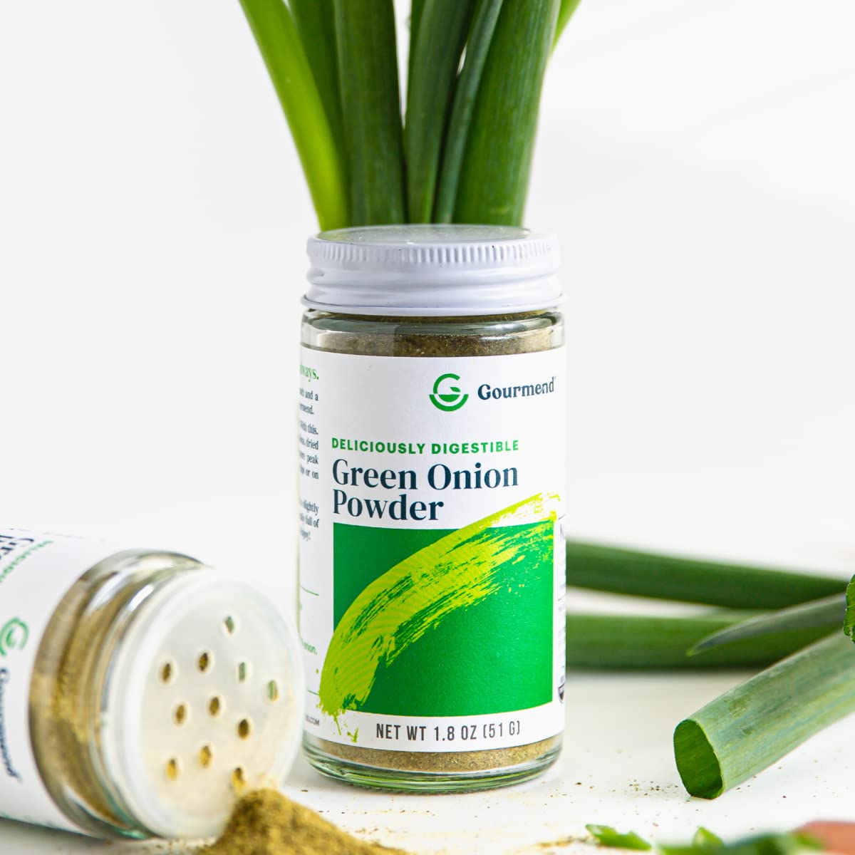 Gourmend green onion powder label close-up highlighting gluten free claim