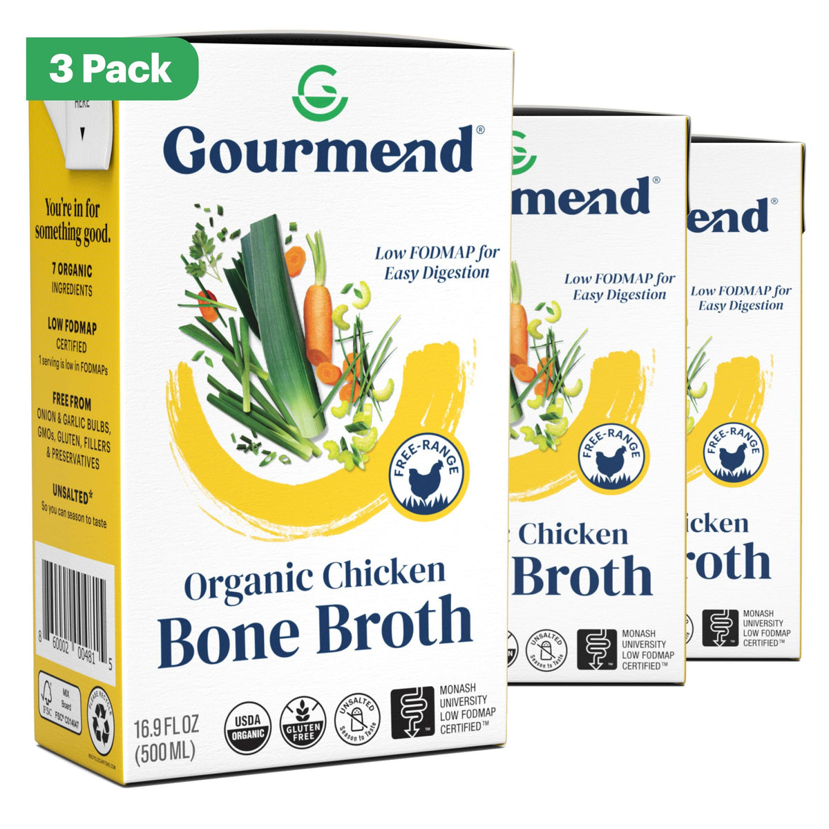Gourmend Organic Unsalted Chicken Bone Broth 3-Pack bottle pour for easy cooking