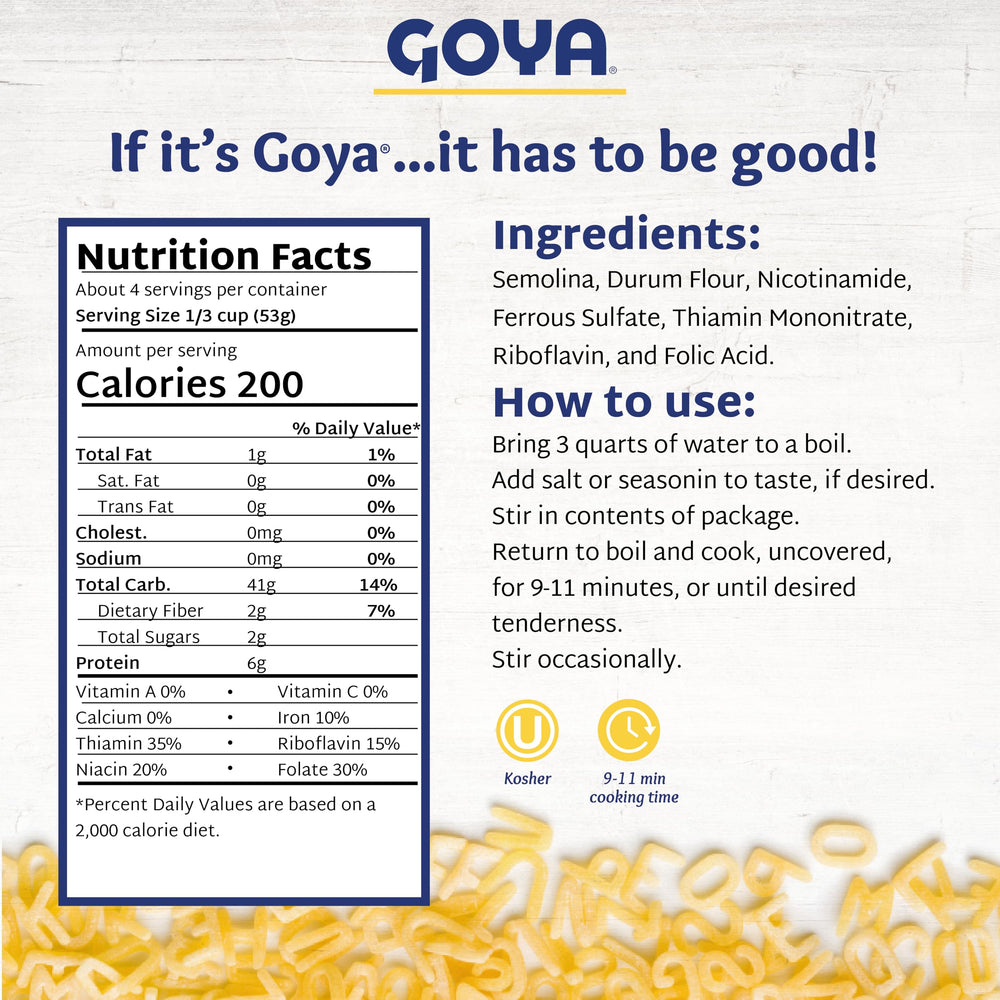 Goya ABC Pasta for kids plates, turning dinners into learning moments with letters