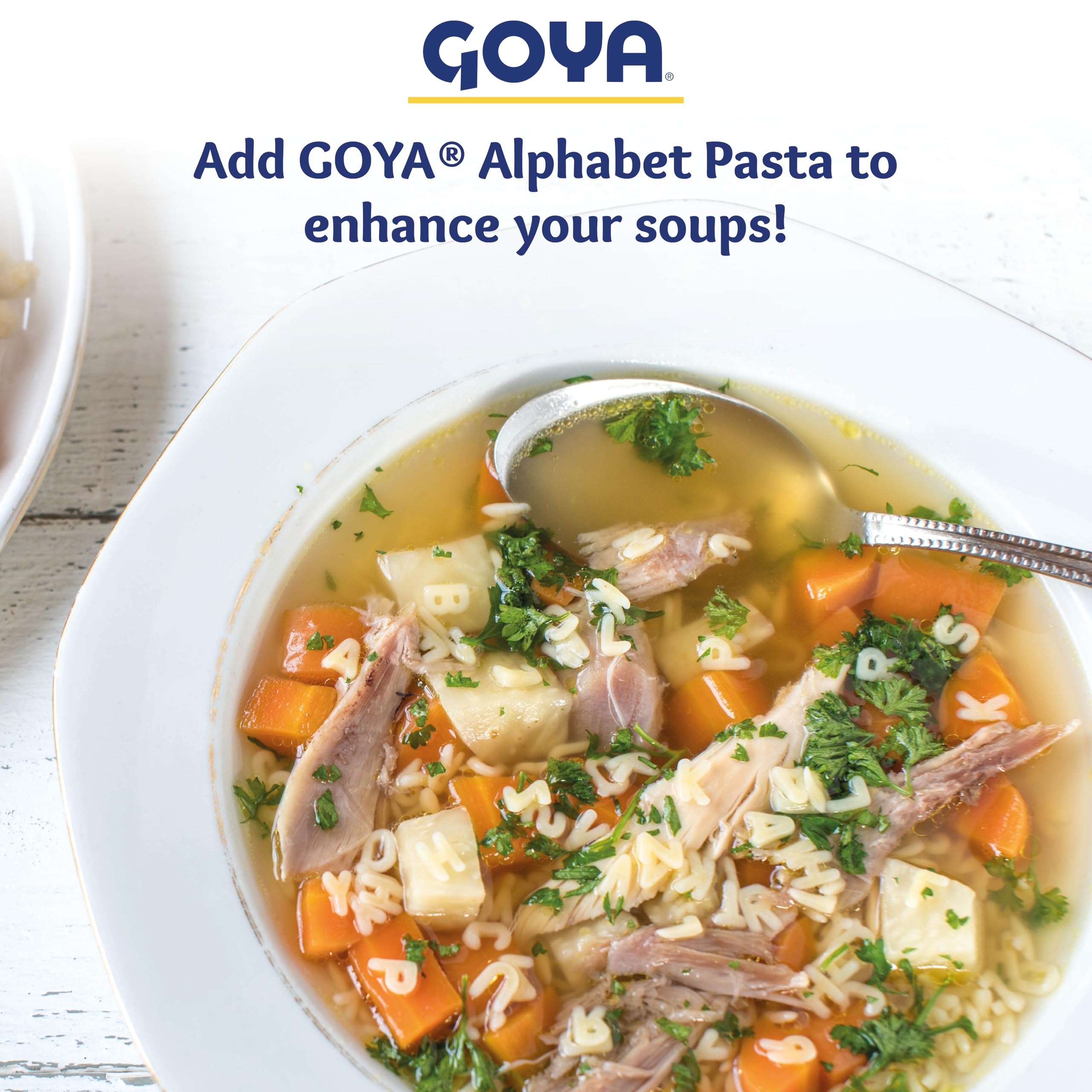 Goya Alphabet Pasta closeup, vibrant letters spark curiosity at mealtime