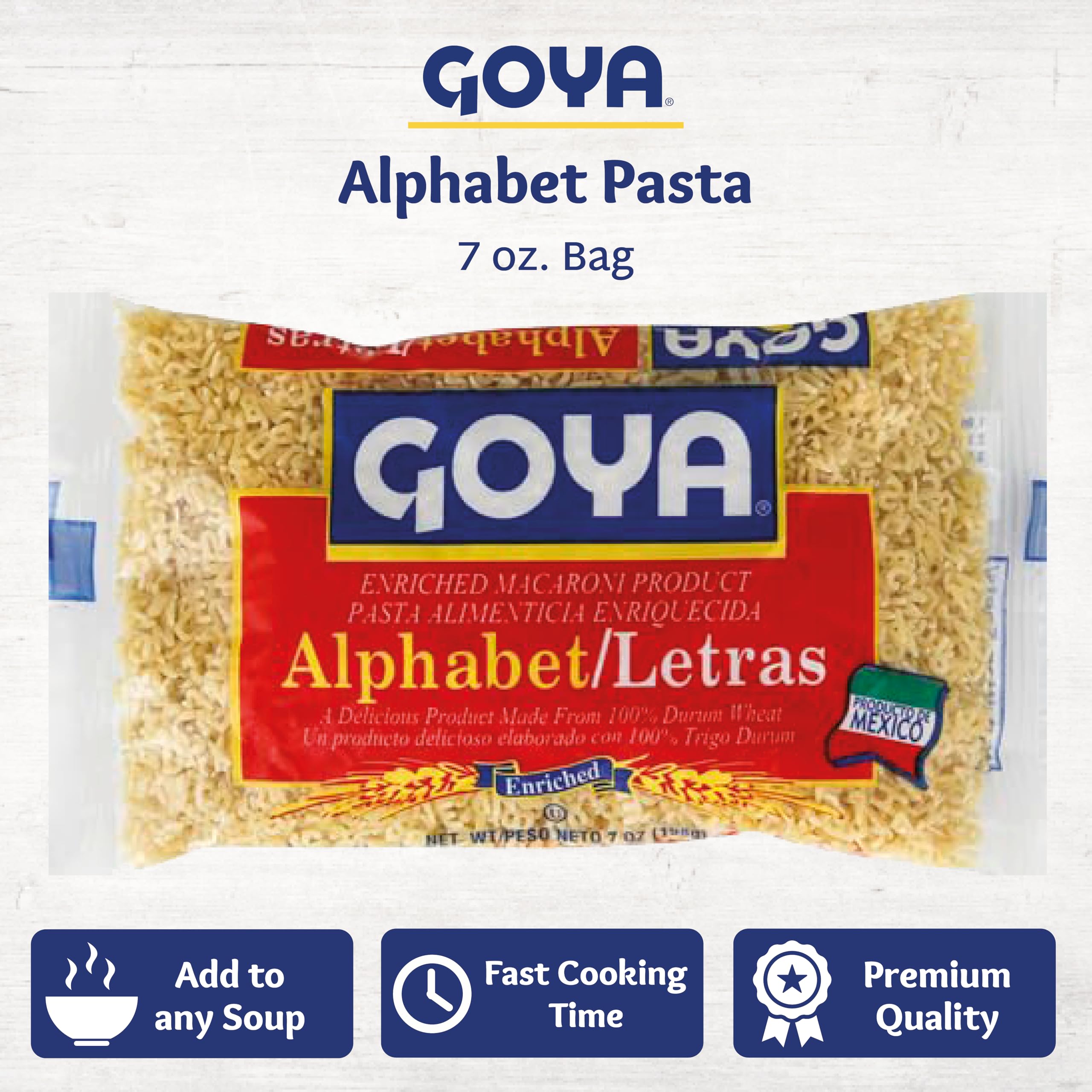 Goya Alphabet Pasta beside a casserole dish, ideal for side dishes