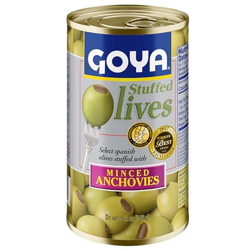 Goya anchovy-stuffed olive close-up with rich color and savory filling.