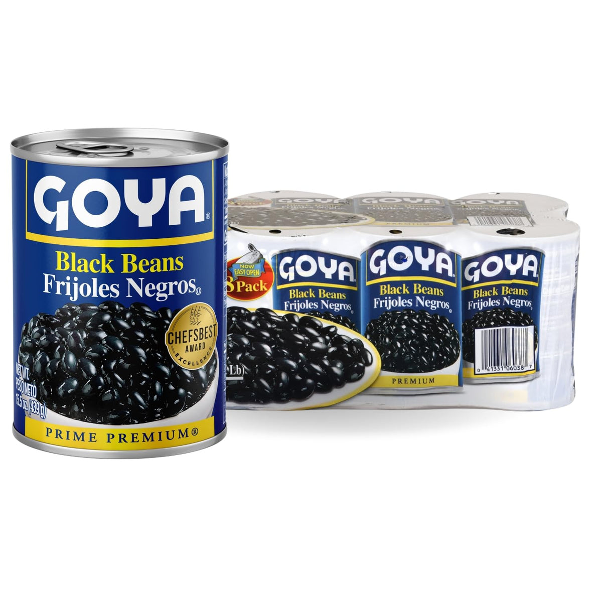 Goya Black Beans 15.5 oz pack eight front label, pantry staple for plant-based meals