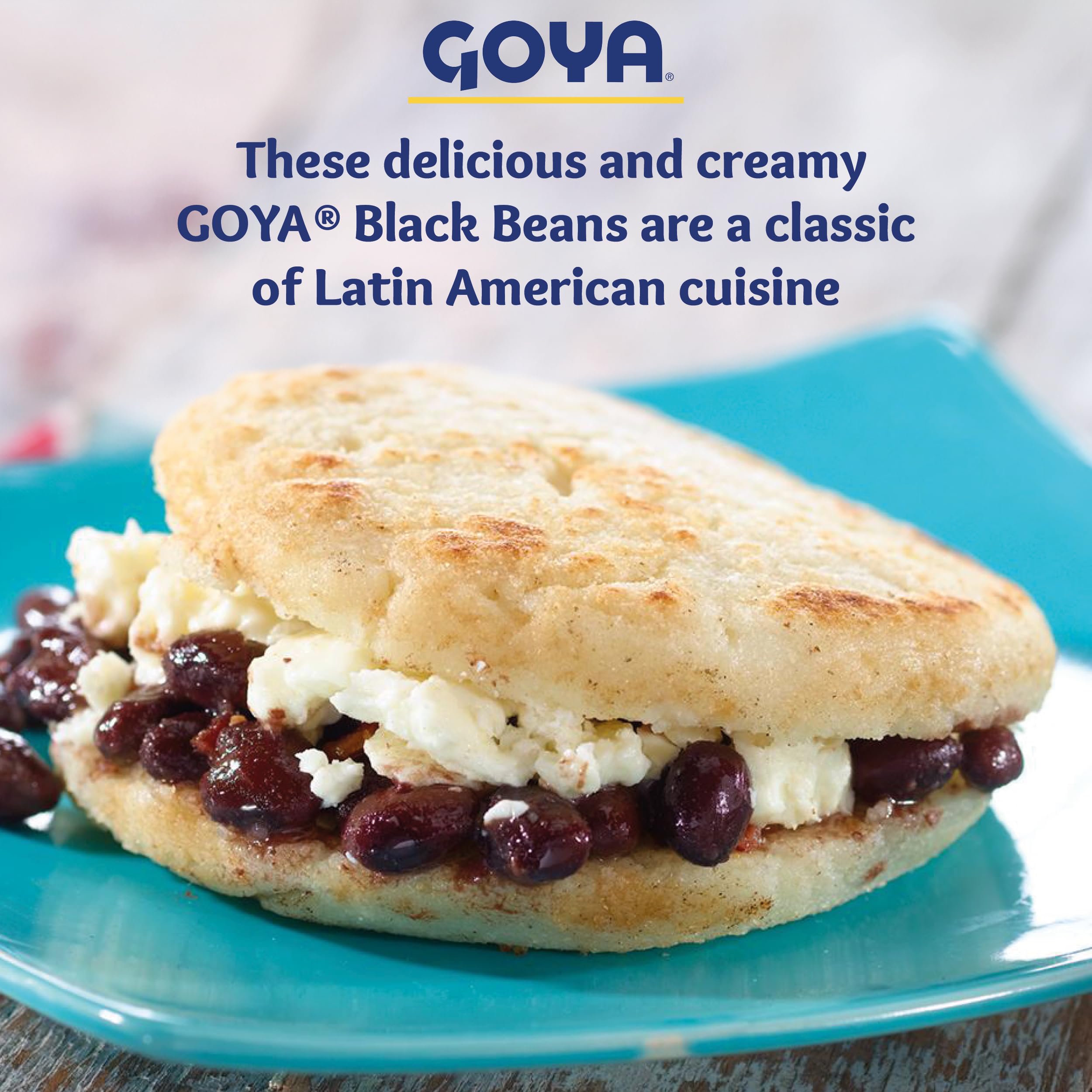 Nutritional facts label on Goya Black Beans can, highlighting fiber and protein